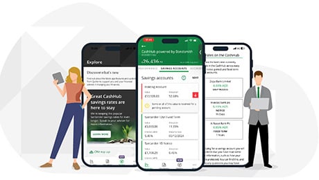 Graphic of people stood in front of phones showing the CashHub
