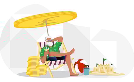 Graphic of a man relaxing on the beach next to a pile of coins