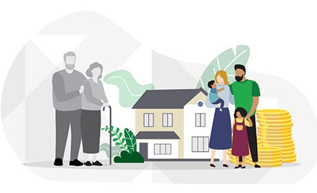 Graphic of elderly couple passing wealth to their relatives