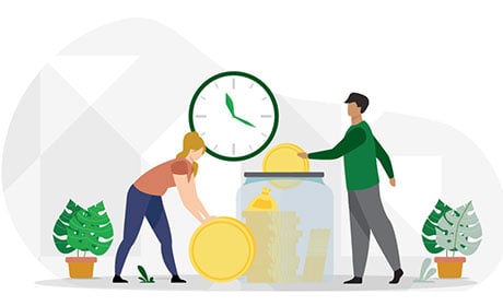 Graphic of people putting coins into a jar in front of a clock
