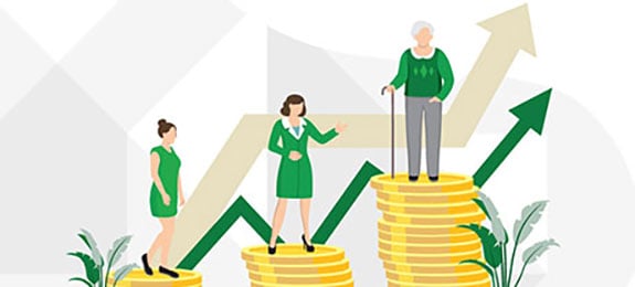 Graphic of women standing on piles of coins increasing in height