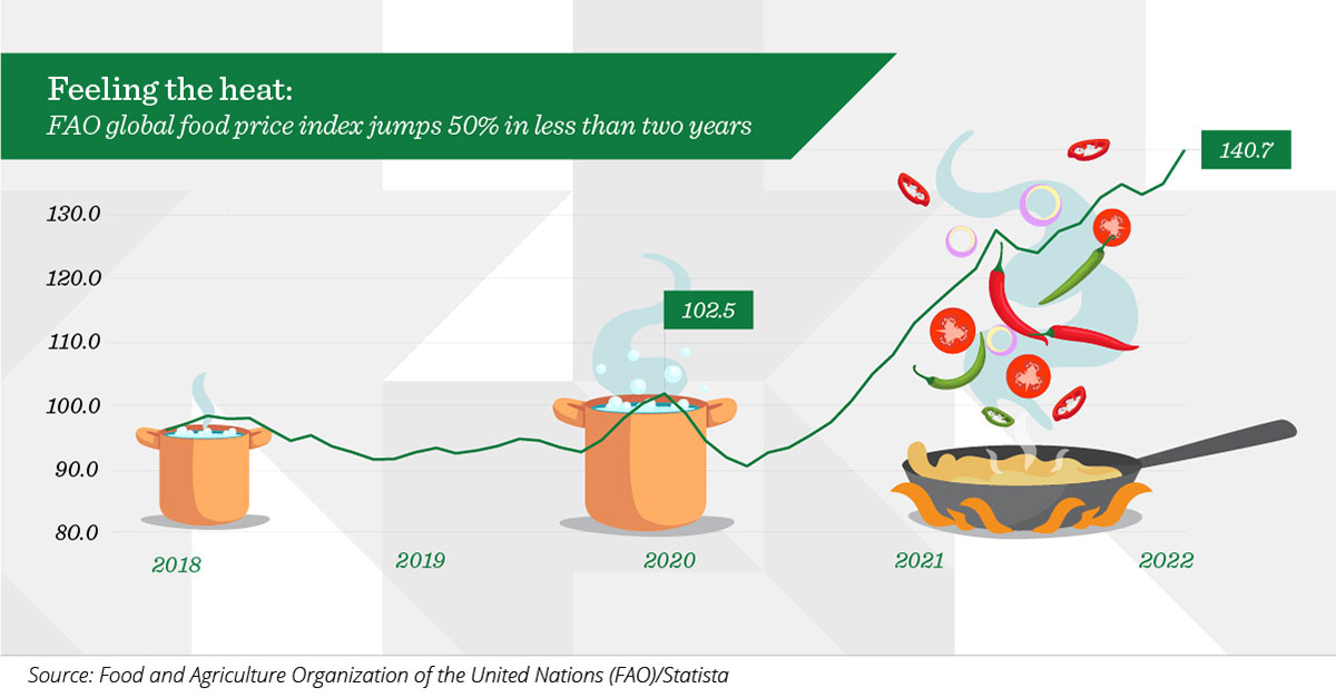 Graph showing FAO Food Price Index rises from 2018 to 2022