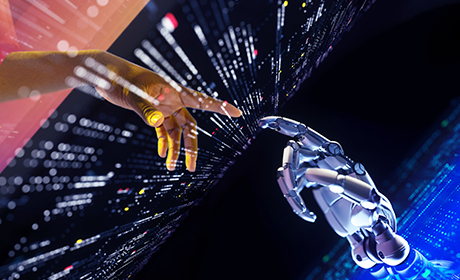 Human hand reaching towards a robot hand